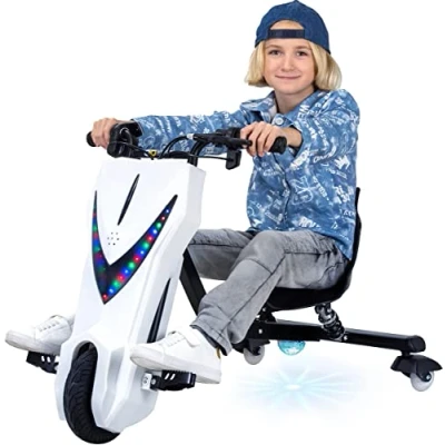Abbildung von Actionbikes Motors Kinder Elektro Driftscooter 𝟐𝟓𝟎 Watt Motor Drift Cart 360 3 Geschwindigkeitsstufen LED Beleuchtung Sitz verstellbar Bluetooth Kart Auto (Weiß Matt)