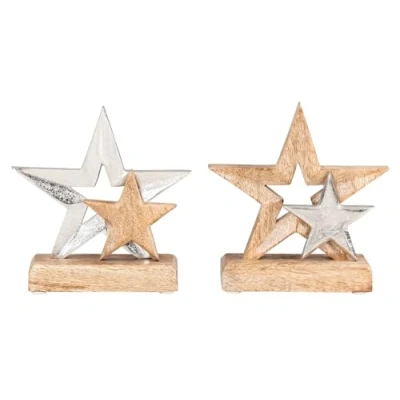 Abbildung von levandeo 2er Set Stern 15x15cm Metall Mango Metallstern Silber Braun Tischdeko Holzstern Holz Dekoration Deko Aufsteller Weihnachten Wohndekoration Geschenk