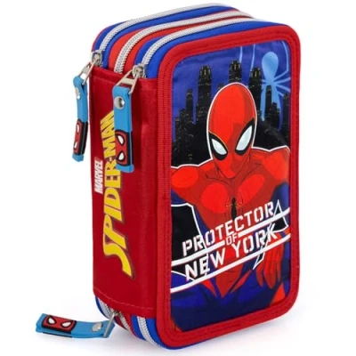 Abbildung von 3 Fach Federmäppchen für Spiderman Fan 45 teilig, komplett gefüllt mit 2 löschbaren Gelstiften, Schere, Kleber, Buntstiften Rot ideal Schule &amp; als Geschenk Clondo