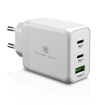 Abbildung von Wicked Chili 65W USB C GaN Ladegerät, 3 Port Netzteil mit Dual und A Anschluss, kompatibel Microsoft Surface Laptop, Book, Go, Pro, Notebook, Handy Tablet