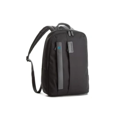 Abbildung von PIQUADRO P16 Kleiner Rucksack aus Stoff und Leder für 14 Zoll (35,6 cm) mit zwei Fächern, Schwarz, Taglia unica, Business