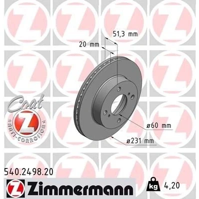 Abbildung von ZIMMERMANN COAT Z 540.2498.20 Bremsscheibe 231 20 6/4 4 100 innenbelüftet beschichtet SUZUKI: Alto VII, NISSAN: Pixo