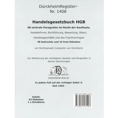 Abbildung von DürckheimRegister® HGB im dtv: 85 Registeretiketten (sog. Griffregister) für das Handelsgesetzbuch mit den wichtigsten Gesetzen und §§. In jedem ... 257). Fall auf der richtigen Seite®