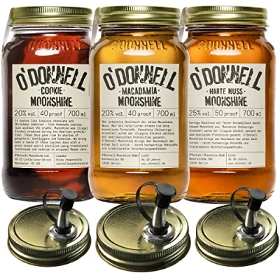 Abbildung von O&#039;Donnell Moonshine Geschenkset Geschenkbox Premium Likör nach amerikanischer Tradition 3 x 700ml Natürliche Zutaten Vegan mit Ausgießer (Macadamia/Cookie/Harte Nuss)