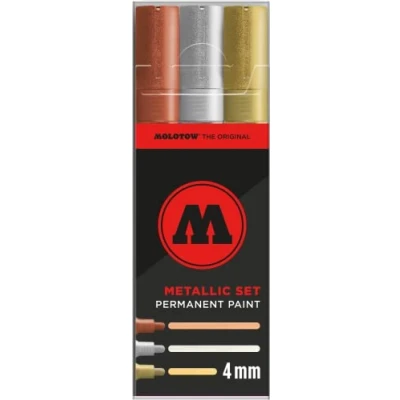 Abbildung von Molotow Permanent Paint Metallic Marker Set, 4 mm Highflow Spitze, 3 Farben: Silber, Gold und Kupfer MO200497