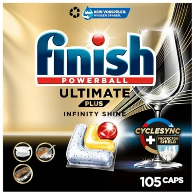 Abbildung von Finish Ultimate Plus Infinity Shine Citrus Spülmaschinentabs Geschirrspültabs für intensive Reinigung, Fettlösekraft und Glanz mit Schutzschild 105 Caps, Tablette, Zitrone