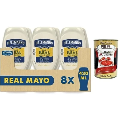 Abbildung von 8x Hellmann&#039;s Maionese,Mayonnaise in Top Down Verpackung,430ml + Italian Gourmet Polpa di Pomodoro 400g Dose