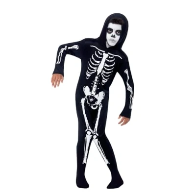 Abbildung von Smiffys Kostüm Skelett Overall mit Kapuze für Kinder, Knochen Kinder: gespenstischer Jumpsuit