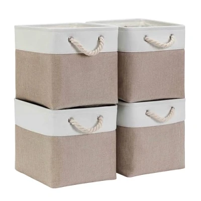 Abbildung von Mangata Aufbewahrungsbox Stoff 28x28x28 cm, aufbewahrungskorb Helles Khaki Weiß, Korbe in Würfel für Schrank, Regal, und Kleidung, (Faltbare, 4er Pack)