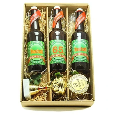 Abbildung von Bier Geschenk zum 65.Geburtstag Geburtstagsgeschenk fünfundsechszigster Geburtstag Präsentkarton mit und Pokal 65.