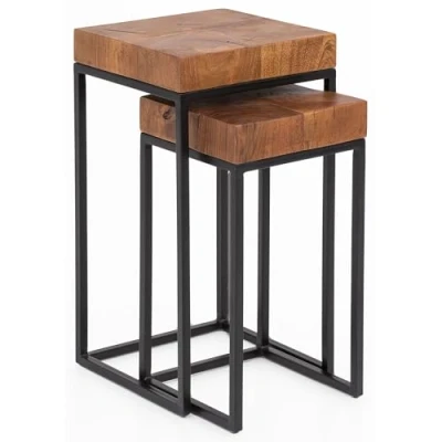 Abbildung von FineBuy Design Satztisch FB51457 Sheesham Metall Beistelltisch 2er Set klein, Couchtisch 2 Holz Tische, Massivholz Wohnzimmertisch Metallgestell, Schmaler Sofatisch Ablagetisch