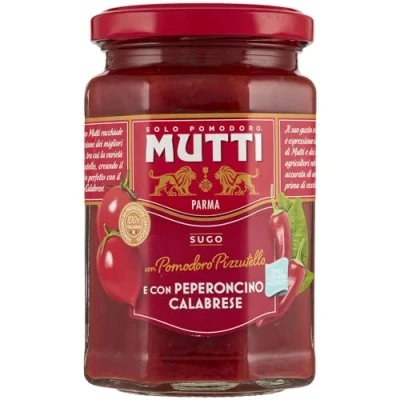 Abbildung von 6x Mutti Sugo con Pomodoro Pizzutello e Peperoncino Calabrese, Tomatensauce und mit kalabrischen Chilischpfeffer 280g + Italian Gourmet polpa 400g