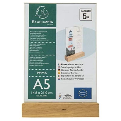 Abbildung von Exacompta 85258D Tischaufsteller mit Holzsockel DIN A5 Hochformat aus hochwertigem Acryl beidseitig verwendbar UV beständig Prospektschild Flyerhalter Tischschild Prospekthalter transparent
