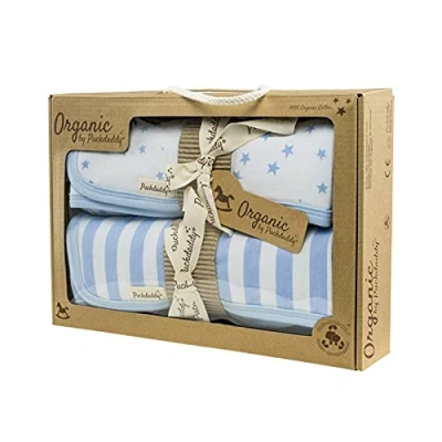 Abbildung von Puckdaddy Organic Geschenkset Juna mit Sterne und Streifen Muster in Blau Baby Geschenk Set zur Geburt bestehend aus 2 Babydecken (75 x74 cm), 100% Baumwolle