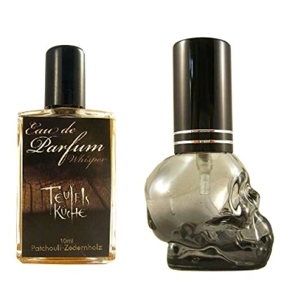 Abbildung von Teufelsküche Patchouli &quot;Whisper&quot;+ Leerflakon Skull Patchouly mit Zedernholz, Eau de Parfum für Herren, Gothic Parfum, Mini Flakon, 10ml Glasflakon, Gotik