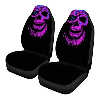 Abbildung von Woisttop Autositzbezüge im Halloween Stil, violetter Totenkopf, Set mit 2 Fahrzeugsitzbezügen, universelle Passform für Limousine, SUV, LKW, Auto Zubehör, Innendekoration