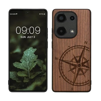 Abbildung von kwmobile Hülle kompatibel mit Xiaomi Redmi Note 13 Pro 4G Holz Case Handy Cover TPU Handyhülle in Dunkelbraun Kompass Vintage