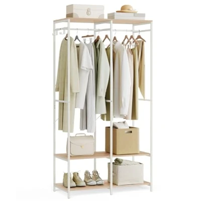 Abbildung von SONGMICS Kleiderschrank offen, Kleiderständer, Garderobenständer, Garderobe mit Kleiderstange, Ablagen, abnehmbare Haken, 40 x 94,5 180 cm, naturbeige RGR004W67