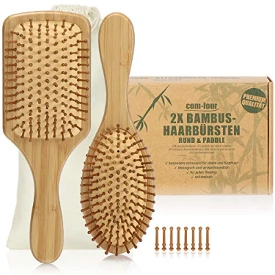 Abbildung von com four® 2er Set Natur Haarbürste aus Bambus Paddelbürste mit Naturborsten Für natürlich schöne Haare Männer, Frauen, Kinder 100% Vegan (2 Stück Allzweckbürste + Paddelbürste)