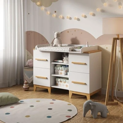Abbildung von VitaliSpa® Wickelkommode Malia, Weiß/Eiche, 133 x 98 cm XL mit 4 Schubladen