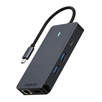 Abbildung von Rapoo UCM 2005 USB C Multiport Adapter 10 in 1, 100W Power Delievery, 2x 4K HDMI, 1 Gbps LAN, und 2 A 3.0 Datenports, Micro SD / Speicherkartenleser, AUX
