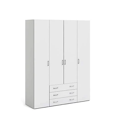 Abbildung von Kleiderschrank mit vier Türen und drei Schubladen, Farbe Weiß, Maße 154 x 200 49 cm