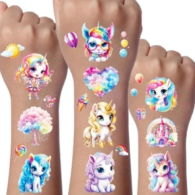 Abbildung von Einhorn Glitzer Tattoo Set Kinder, 12 Blätter Temporäre Tattoos Mädchen Glitzer, Geschenke für Mädchen, Deko Kindergeburtstag
