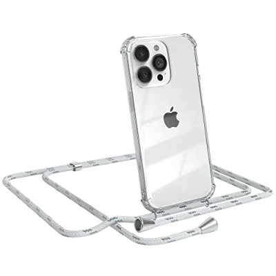 Abbildung von EAZY CASE Handykette kompatibel mit iPhone 13 Pro Handyhülle Umhängeband, Handykordel Schutzhülle, Silikonhülle, Hülle Band, Stylische Kette für Smartphone, Weiß/Silber