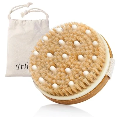 Abbildung von Ithyes Trockenbürste, Körperbürste, Peelingbürste, natürliche Borsten, Badebürste zum Entfernen abgestorbener Haut, Cellulite, verbessert Lymphfunktionen, Peeling