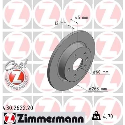 Abbildung von ZIMMERMANN COAT Z 430.2622.20 Bremsscheibe 268 12 6/5 5 105 voll beschichtet OPEL: Astra J Schrägheck, Mokka / X, Sports Tourer