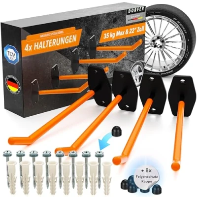Abbildung von DORFER Reifen Wandhalterung 4er Set 4x Reifenhalter gehärteter Stahl inkl. Spezialdübel &amp; Sicherheitsschrauben 60mm Felgenhalter Wand Autoreifen TÜV zertifiziert