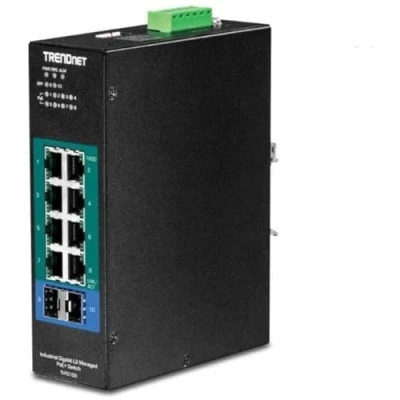Abbildung von TRENDnet TI PG102i 10 Port Industrial Gigabit L2 Managed PoE+ DIN Rail Switch, 8 x Ports, Schienenmontage, 2 SFP Steckplätze, 2457 V DC Stromeingang, IP30, VLAN