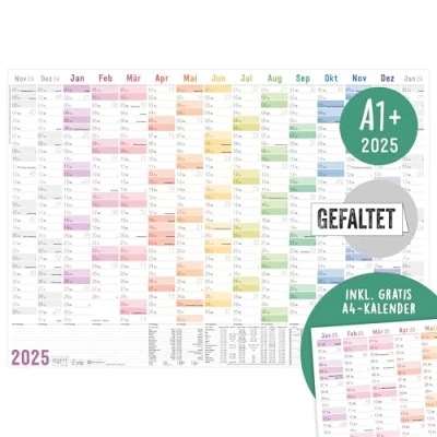 Abbildung von Häfft® XXL Wandkalender 2025 groß A1+ (63 x 89 cm) &quot;Rainbow&quot; 15 Monate Nov 2024 Jan 2026 + gratis A4 Jahresplaner, Wandplaner Jahreskalender gefalzt nachhaltig &amp; klimafreundlich