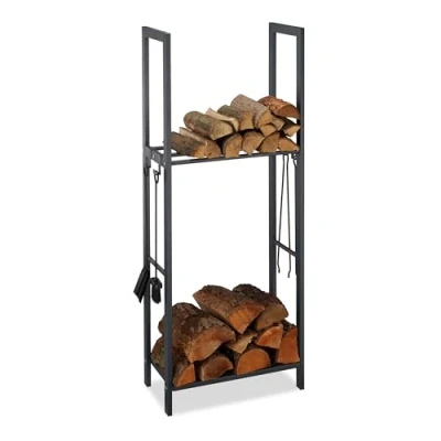 Abbildung von Relaxdays, anthrazit Kaminholzregal mit 2 Ablagen, aus Stahl, 4 Haken für Kaminbesteck, Brennholzregal HBT 150x60x30 cm, 150 x 60 30 cm