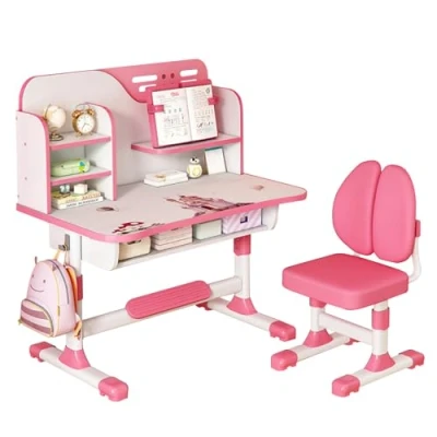 Abbildung von Qiebenav Hochwertiges Kinder Schreibtischstuhl Set, höhenverstellbares Schul Studiertisch Stuhl ergonomischer mit großem Schreibbrett, Bücherregal und Schublade Rosa