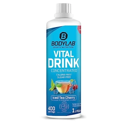 Abbildung von Bodylab24 Vital Drink Concentrated Eistee Kirsche 1000ml, Getränkekonzentrat zuckerfrei, Zero Sirup, mit Vitaminen und L Carnitin, Sportgetränk wenig Kalorien