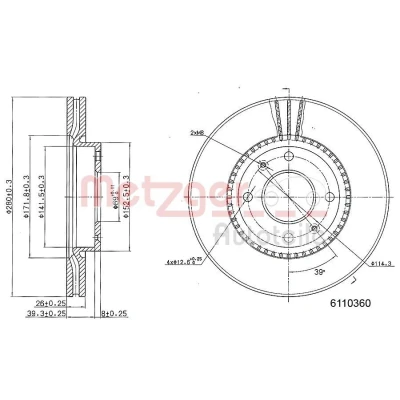 Abbildung von METZGER 6110360 Bremsscheibe Vorderachse 280 26 4 114,3 innenbelüftet lackiert, Kreuzschliff HYUNDAI: SONATA 4, Elantra III Schrägheck