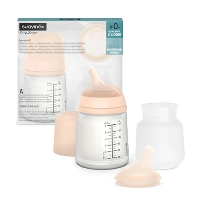 Abbildung von Suavinex, Set Zero Babyflasche. Anti Kolik Babyflasche 180 ml mit Sauger anpassbarem Nahrungsfluss + Nachfüllbeutel