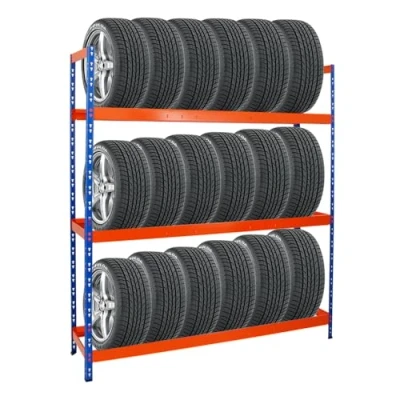 Abbildung von PROREGAL Reifenregal Tiger XL HxBxT 200x180x45 cm 300kg Fachlast bis zu 21 Reifen (205/55 R16) Blau/Orange Werkstattregal, Lagerregal, Kellerregal