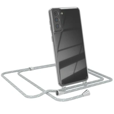 Abbildung von EAZY CASE Handy Chain kompatibel mit Samsung Galaxy S21 Plus 5G, Handykette Tasche transparent, Silikon TPU, Stylische Kette Hülle für Smartphone, Grau/Weiß Verschlüssen in Silber