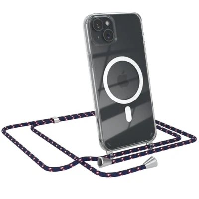 Abbildung von EAZY CASE Handykette kompatibel mit iPhone 15 Plus Kette zum Umhängen Stoßfest Handyhülle für Silikon Hülle Band Handytasche Transparent als Fallschutz in Navy Camouflage