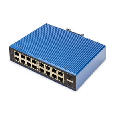Abbildung von DIGITUS Netzwerk Switch 18 Port Gigabit Ethernet 16x RJ45 + 2X SFP IP40 L2 Managed 10/100/1000 Mbit/s Hutschienenmontage Industrial Serie schwarz/blau