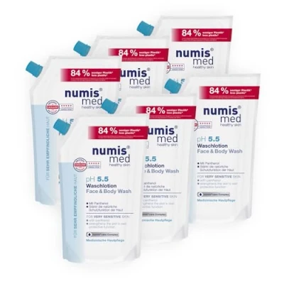 Abbildung von numis med Waschlotion ph 5.5 Nachfüllbeutel 6x Hautberuhigende Körperlotion für sehr empfindliche &amp; sensible Haut vegane Hautpflege ohne Silikone, Parabene Mineralöl Lotion (6x 500 ml)