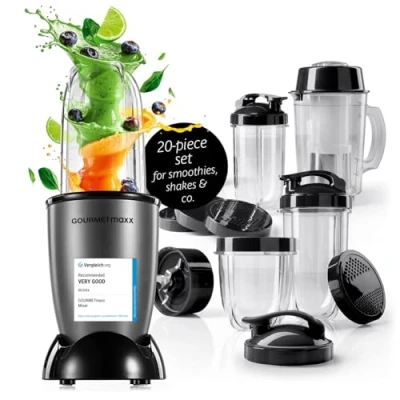 Abbildung von GOURMETmaxx Mr. Magic Power Pro Mixer 400 Watt Smoothie Maker mit to go Deckel Standmixer Mixbecher &amp; Frischhaltedeckel zum Aufbewahren Blender Zubehörset XL für Shakes, Smoothies etc.