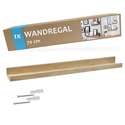 Abbildung von PHOTOLINI Wandregal Eiche Massivholz 70 cm, Schweberegal, modernes Design, Bilderleiste für Fotos, Poster &amp; Deko Objekte zur flexiblen Gestaltung, U Form, einfaches Anbringen