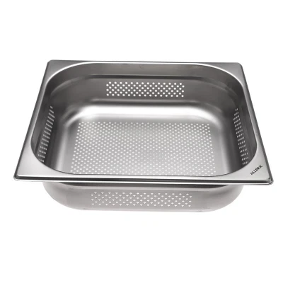 Abbildung von GN Behälter 2/3 gelocht 100 mm Höhe Edelstahl 355 x 325 Gastronomie Gastronormbehälter kaufen
