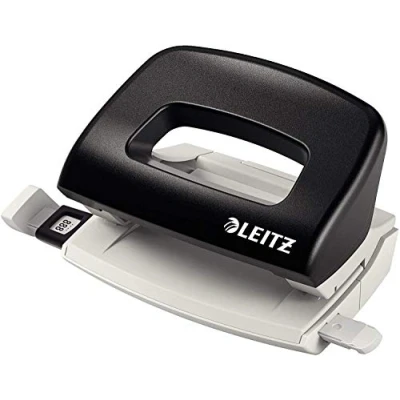 Abbildung von Leitz Mini Büro Locher aus Metall, kleiner für 10 Blatt, Anschlagschiene mit Formatangaben, Ergonomisches Design, schwarz, 50580095