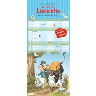 Abbildung von DUMONT Kuh Lieselotte 2025 Familienkalender, 22x49,5cm, Planer mit 5 Spalten für die ganze Familie, Jahresübersicht 2026 und Schulferientabelle, deutsches Kalendarium
