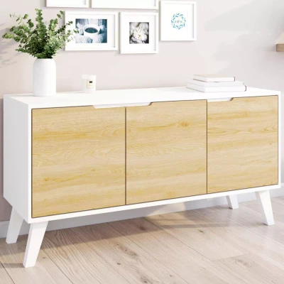 Abbildung von IDMarket Sideboard, niedrig, skandinavisch, 113 cm, Finn, Weiß, 3 Türen, Buche Optik