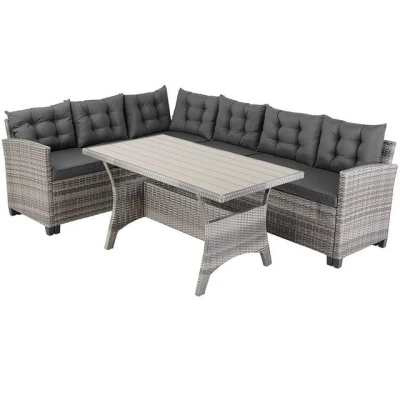 Abbildung von Casaria® Polyrattan Ecklounge Set WPC Esstisch Ecksofa inkl. 7 cm Sitzauflagen 15 Kissen Wetterfest Outdoor Lounge Garten Terrasse Balkon Möbel Grau